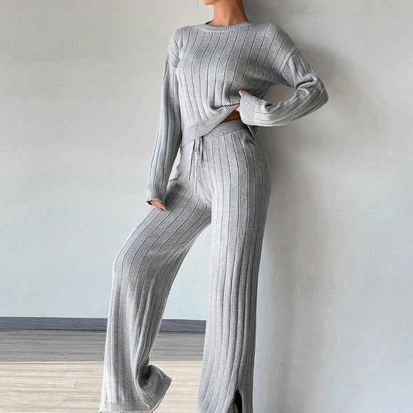 Grey Casual Solid Ribbed Knit Sweater & Drawstring Waist Knit Pants - Picture 3 of 5